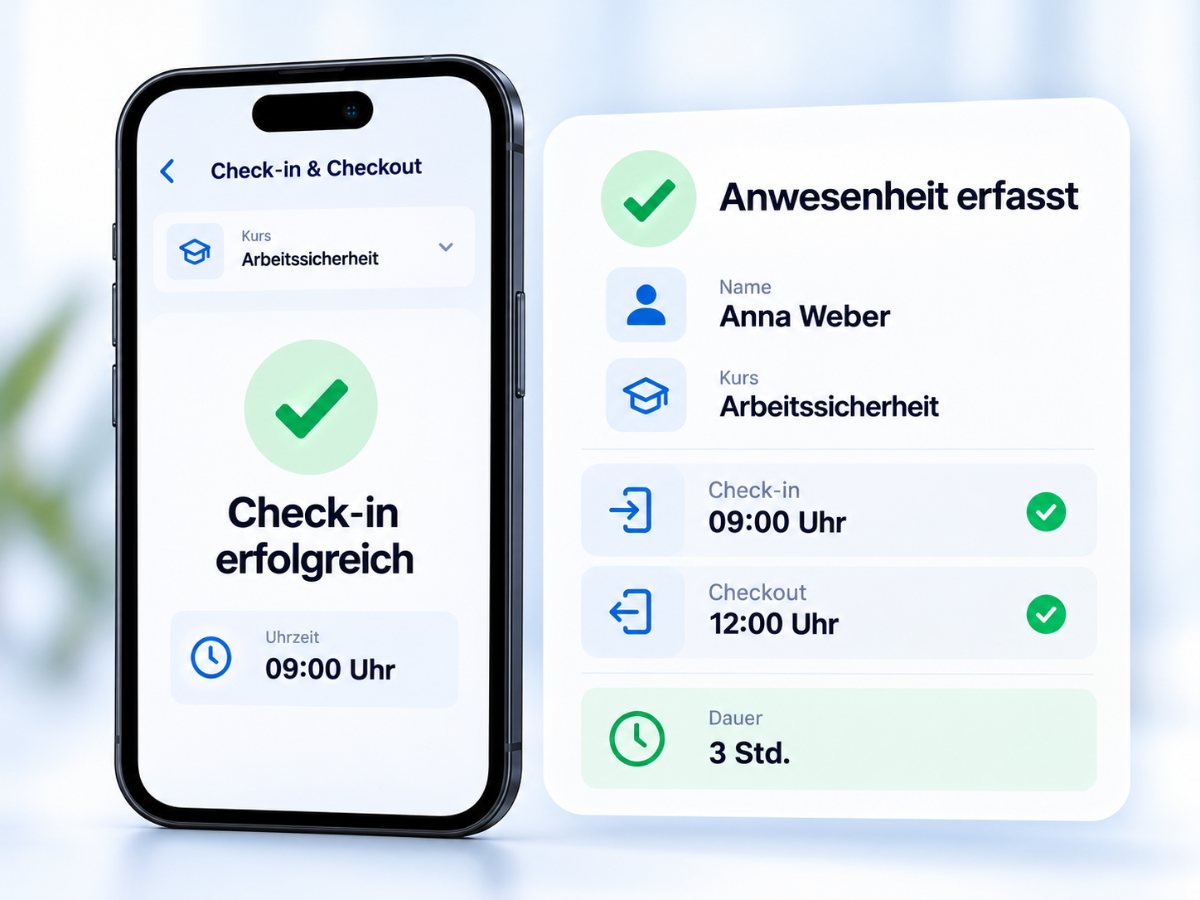 Check-in und Check-out in der DigitalCheckIn-App mit erfasster Anwesenheit